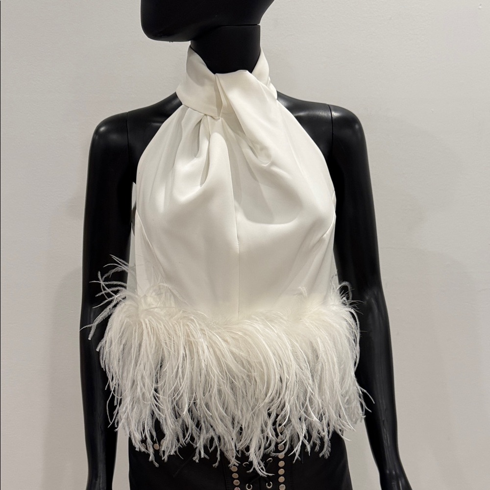16Arlington White Silk Halter Feather Top Ostrich Trim Size 8UK/S Luxury Party